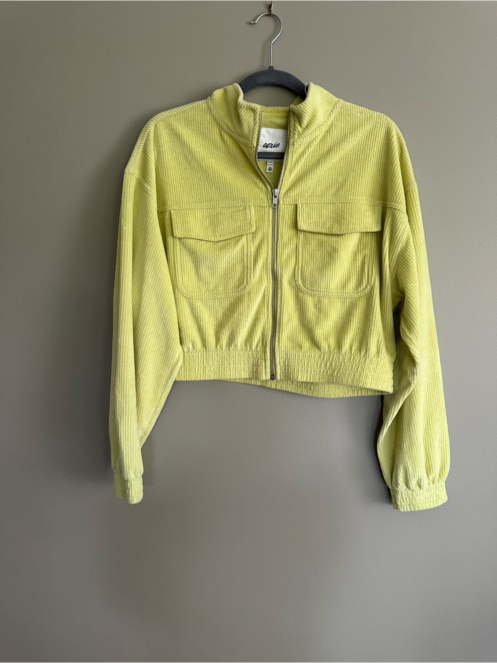 aerie Cropped Corduroy Zip Bomber Jacket in Lime Green